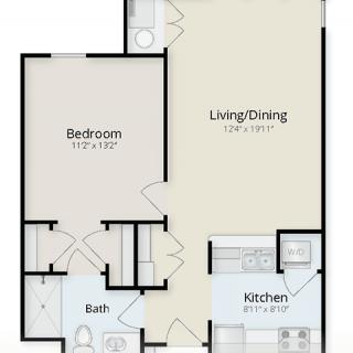 Floor plan of a one-bedroom apartment with living/dining area, kitchen, and bathroom.