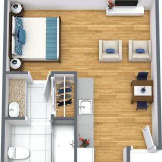 A 3D floor plan of a small apartment with a bedroom, living room, kitchen, and bathroom.