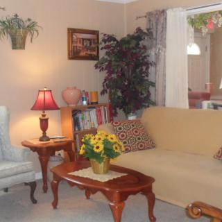 A cozy living room with a beige sofa, armchair, lamp, and wooden furniture. The room is decorated with plants and flowers.