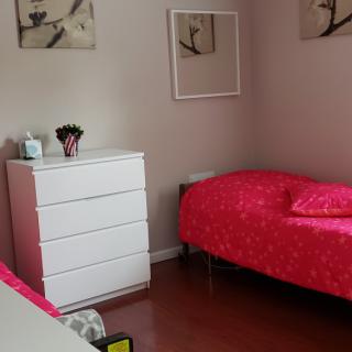 A neatly arranged bedroom with a pink bedspread and white dresser.