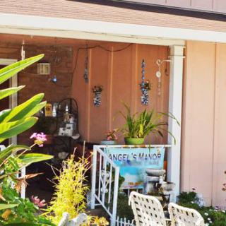 A cozy porch with vibrant plants and inviting seating.