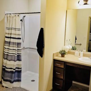 A modern bathroom with a shower and vanity area.