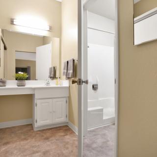 Modern bathroom with a vanity area and an adjacent shower.