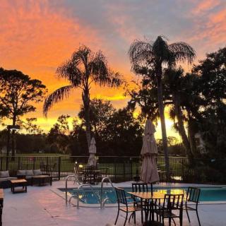 A serene sunset view over a pool surrounded by palm trees and outdoor seating.
