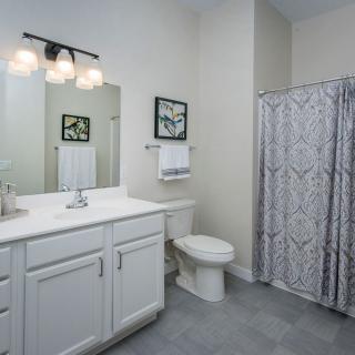 A clean and modern bathroom with a vanity, toilet, and shower area.
