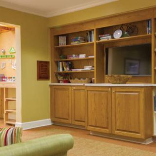 A cozy living room with wooden cabinets and shelves, featuring a television and various decorative items.