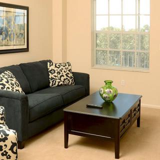 A cozy living room with a dark sofa and patterned cushions, featuring a wooden coffee table with a decorative vase, next to a large window.