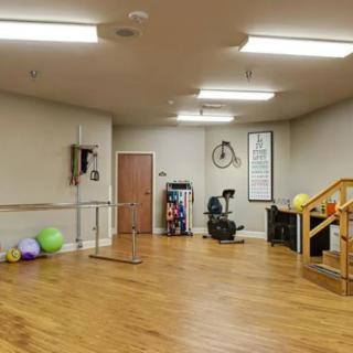 A physical therapy room equipped with exercise equipment and therapy balls.