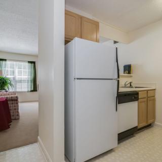 A compact apartment kitchen with a fridge and cabinetry, adjacent to a living area.