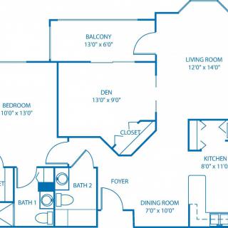 Blueprint of an apartment showing various rooms and dimensions.