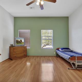 A minimalist bedroom with a single bed, wooden flooring, and a green accent wall.