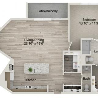 A floor plan of a one-bedroom apartment with a living and dining area, kitchen, patio/balcony, and two bathrooms.