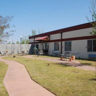 A sunny day view of a building with an outdoor area featuring a pathway, benches, and trees.
