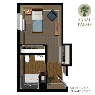 Floor plan of a compact assisted living unit featuring a bedroom and bathroom layout.