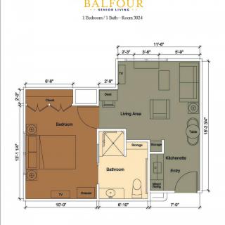 Floor plan of a 1-bedroom apartment with labeled dimensions.