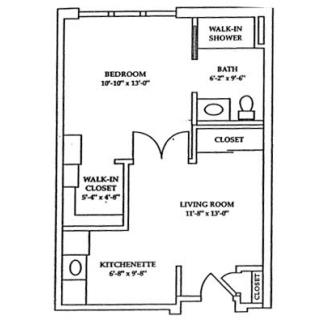 A detailed layout of a one-bedroom apartment with a living room, kitchenette, and bathroom.