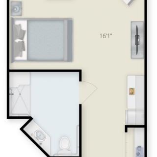 A studio apartment floor plan featuring a bedroom, bathroom, and kitchen area.