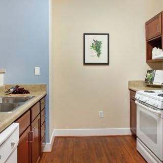 A modern kitchen interior with wooden cabinets, a stove, sink, and minimalist decor.