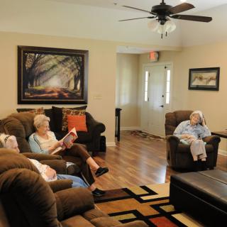 A cozy living room where seniors are relaxing on sofas, surrounded by home decor.