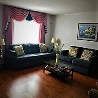 A cozy living room with dark sofas, a coffee table, and decorative elements like curtains and a painting.