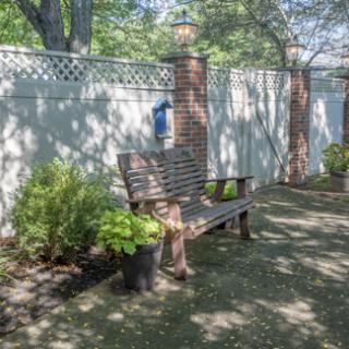 A peaceful garden space featuring a wooden bench surrounded by greenery.