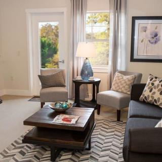 A cozy and well-decorated living room featuring a sofa, chairs, and a coffee table with decorative items.