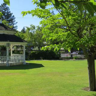 A serene park scene with a gazebo surrounded by lush greenery.