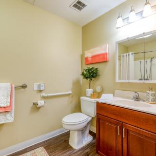 A well-lit bathroom with a toilet, sink, mirror, and decorative elements.
