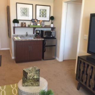 A cozy living room with a small kitchenette area and modern decor.