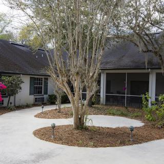 A cozy house entrance with a circular pathway around a tree in the courtyard.