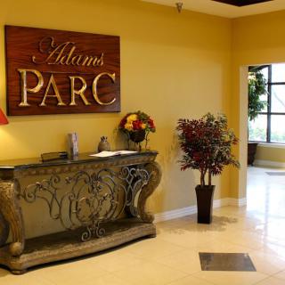 Reception area with a decorative desk and indoor plants.