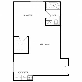 A simple floor plan of an apartment featuring a bedroom, bathroom, living area, kitchenette, and closet.