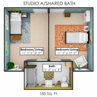 A floor plan of a studio apartment with shared bathroom, featuring two bedroom/living areas.