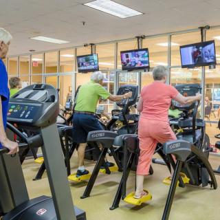 Seniors exercising on treadmills in a gym setting.
