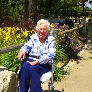 An elderly person sitting in a wheelchair, enjoying a sunny day in the garden.