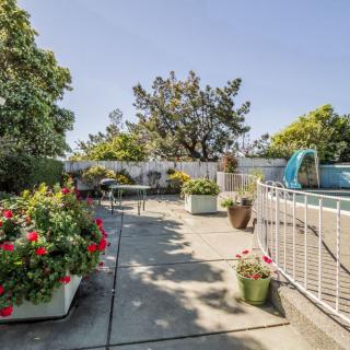 A beautiful outdoor patio area with a swimming pool and vibrant garden plants.
