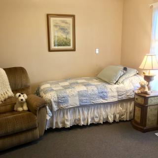 A cozy bedroom scene with a single bed, an armchair, and a small dog sitting on the chair.
