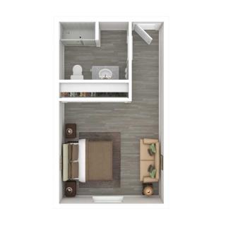 Top view of a compact bedroom floor plan with furniture layout.