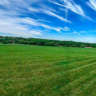 A vast green field under a clear blue sky with scattered clouds.