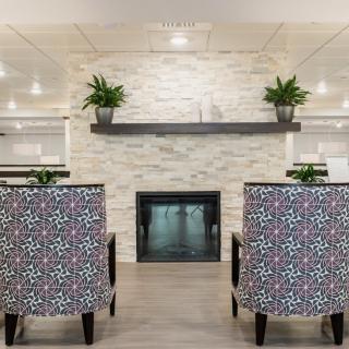 A modern living room featuring a central fireplace, decorative plants on shelves, and stylish patterned chairs.