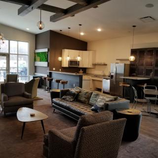 A modern open-concept living room and kitchen area with stylish furniture and decor.