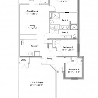 A detailed floor plan of a house featuring two bedrooms, a kitchen, dining area, living room, two bathrooms, and a two-car garage.