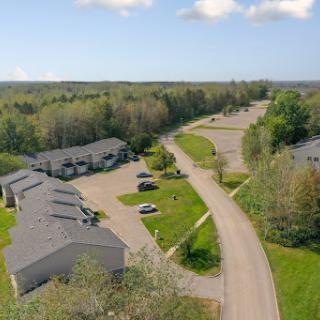 Aerial view of a quiet residential area with townhouses and a winding road surrounded by trees.