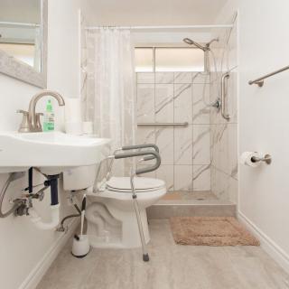 Modern accessible bathroom with shower and grab bars.