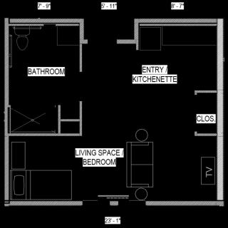 A floor plan of a small apartment featuring a bathroom, entry kitchenette, living space/bedroom, and a closet.