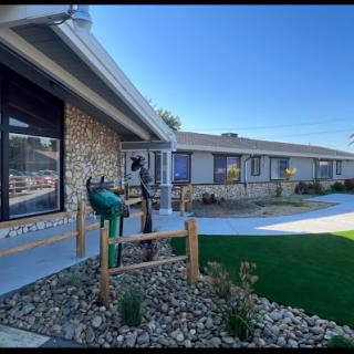 A charming contemporary building with artistic sculptures in a well-landscaped yard under a clear blue sky.