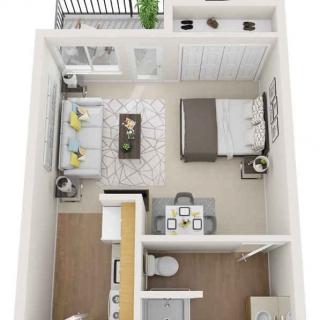A compact and efficient 1-bedroom apartment layout with an open living area and a small balcony.