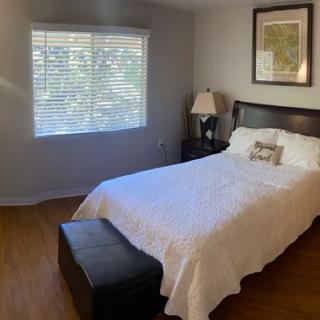 A cozy bedroom with a single bed, bedside lamp, and artwork above the bed.