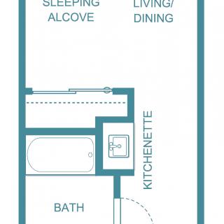 A floor plan of a studio apartment featuring a sleeping alcove, living/dining area, kitchenette, and bathroom.