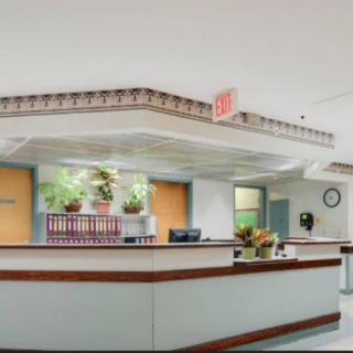 A hospital reception area with a desk, plants, and a wall clock.